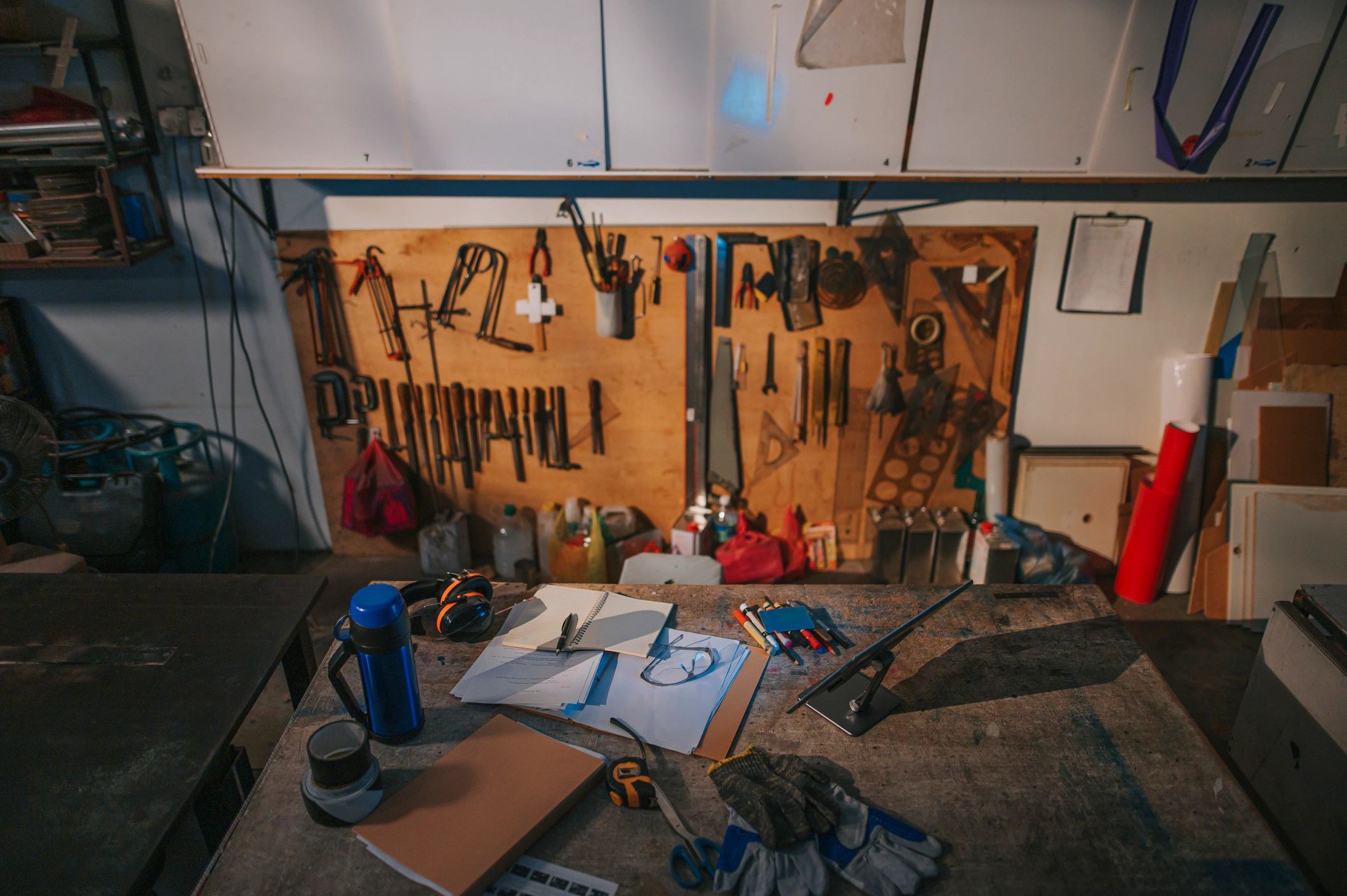 Workshop workbench in low light