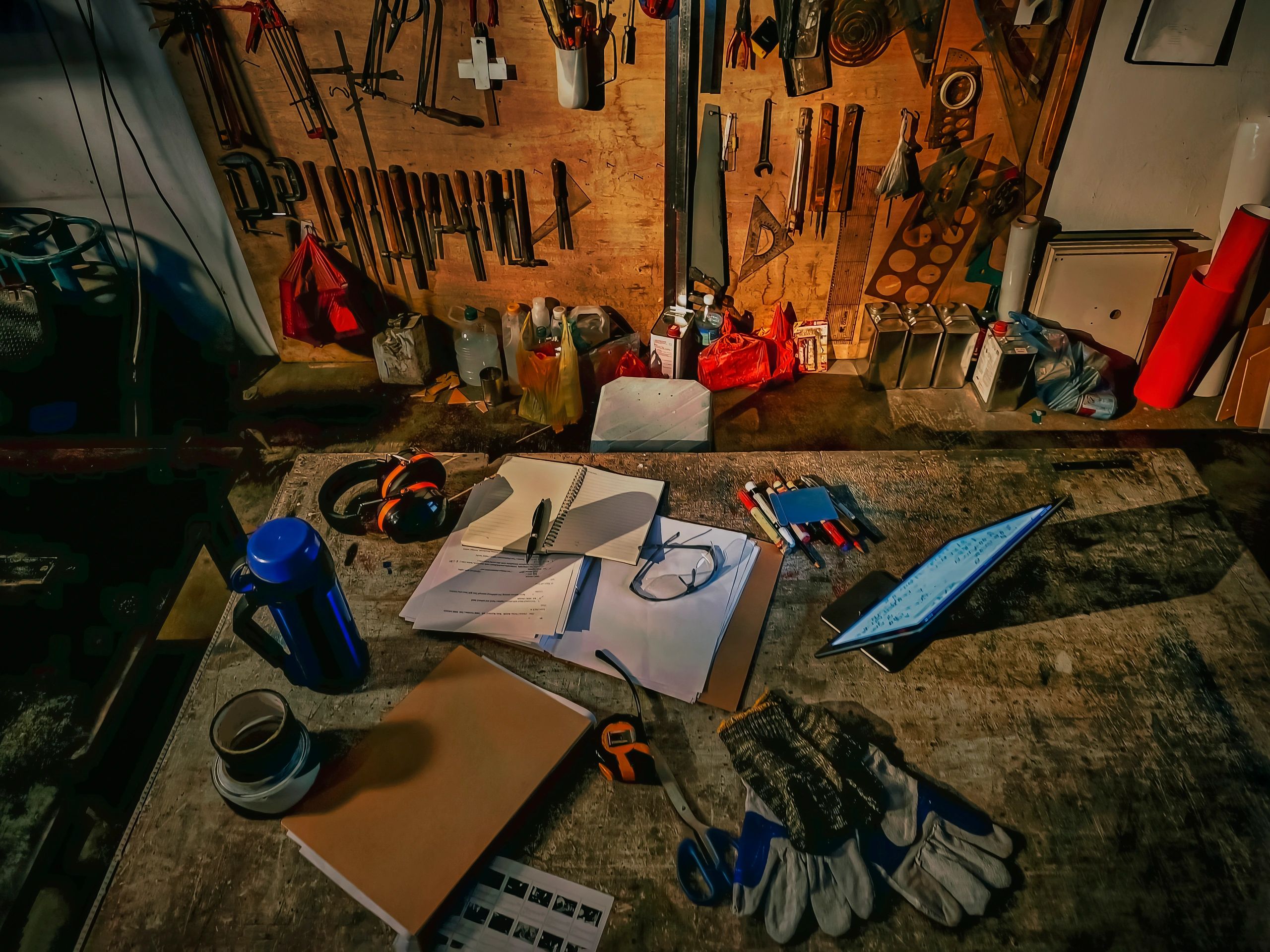 Tools and safety equipment on a workbench